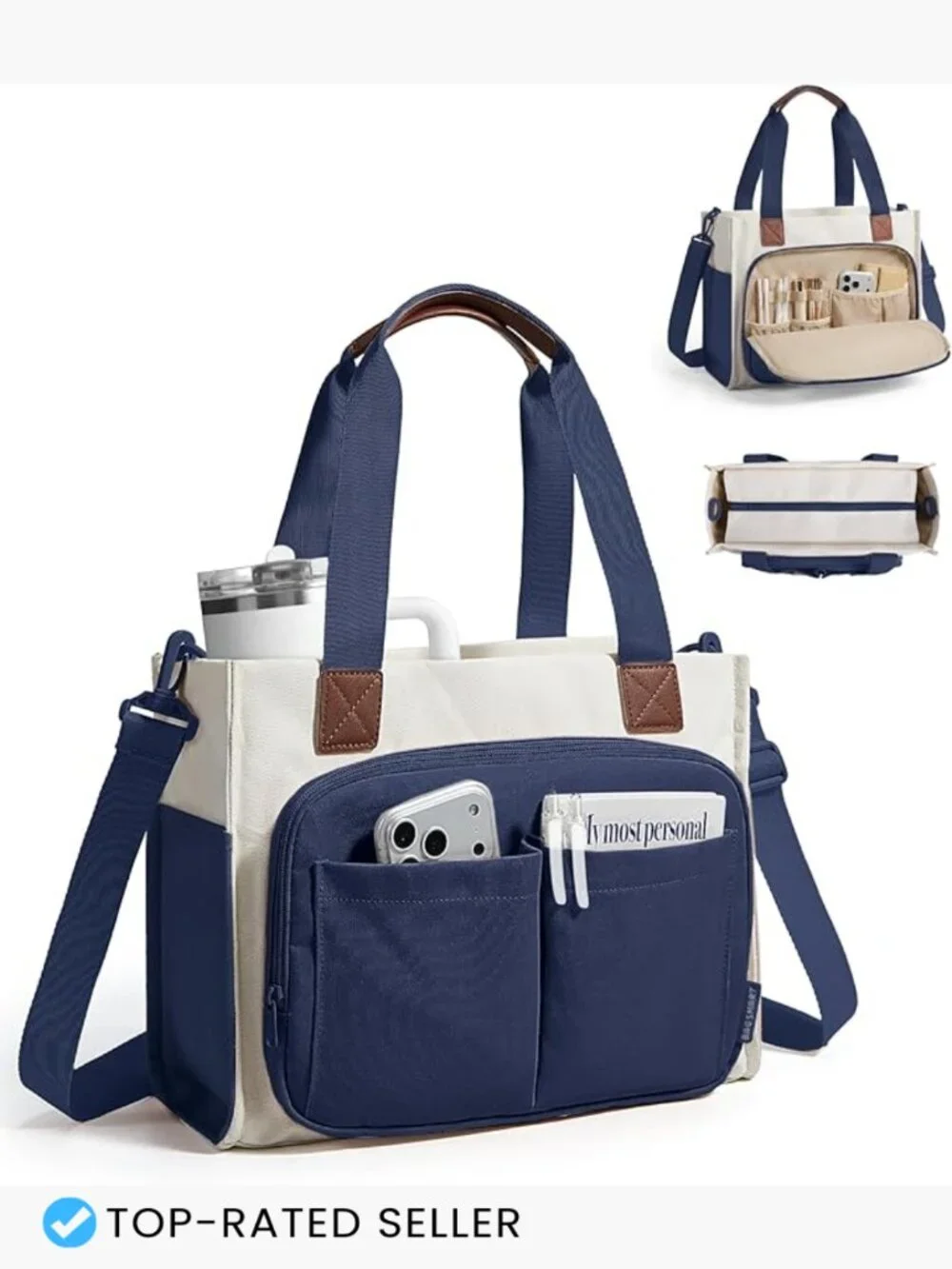 Canvas Tote Bag with Zipper, Crossbody Handbag for Work Travel, 17 Pockets